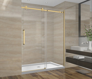 60"W x 75"H x 10mm Porte de Douche Coulissante Réversible en Alcôve avec Quincaillerie Carrée en or brossé