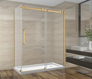 60"W x 32"D x 75"H x 10mm Porte de Douche Coulissante Réversible en Alcôve Quincaillerie Carrée en or brossé avec Panneau Latéral de 32 po