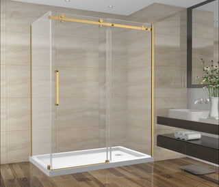 60"W x 36"D x 75"H x 10mm Porte de Douche Coulissante Réversible en Alcôve Quincaillerie Carrée en or brossé avec Panneau Latéral de 36 po