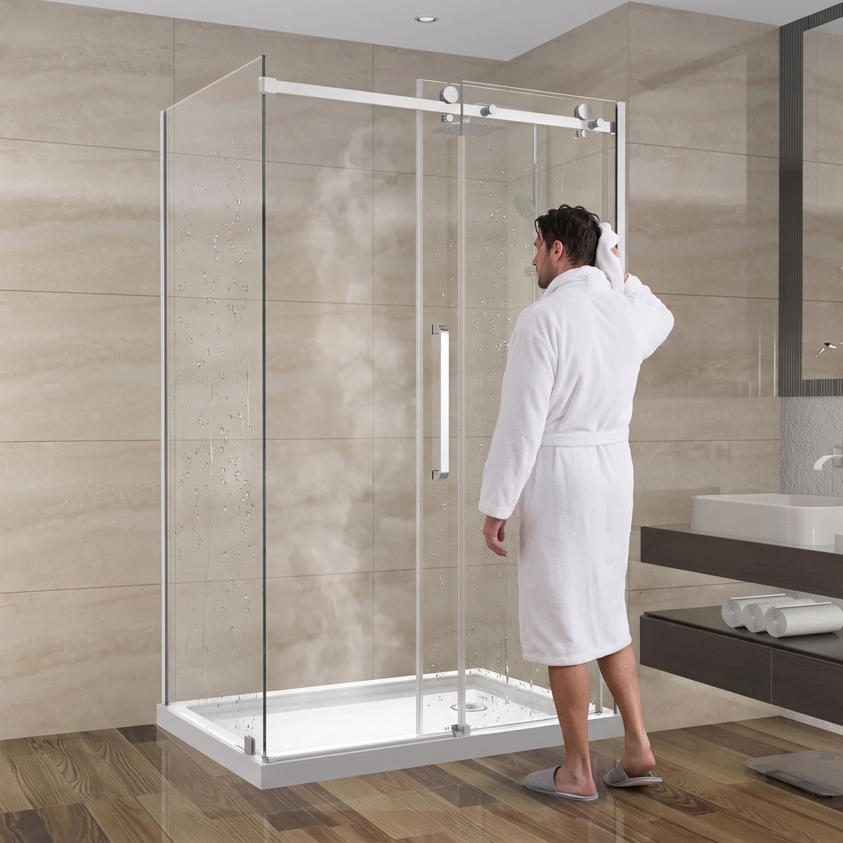 Porte de douche coulissante en coin réversible 48po x 36po x 75po en chrome avec quincaillerie carrée et verre trempé 10mm
