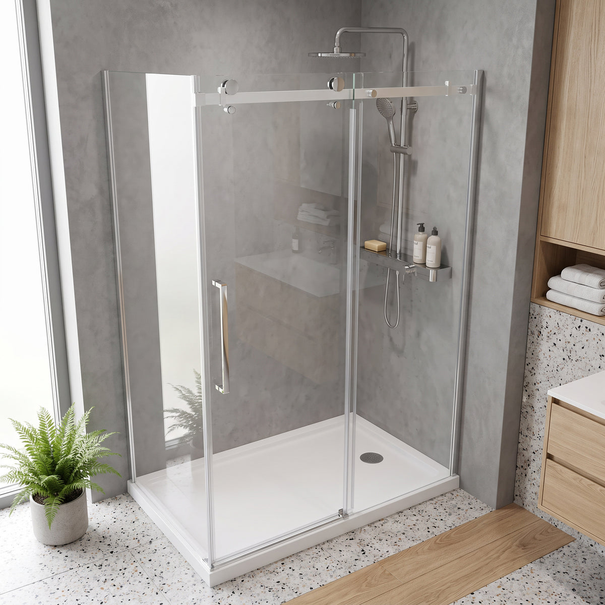 Porte de douche coulissante en coin réversible 48po x 36po x 75po en chrome avec quincaillerie carrée et verre trempé 10mm