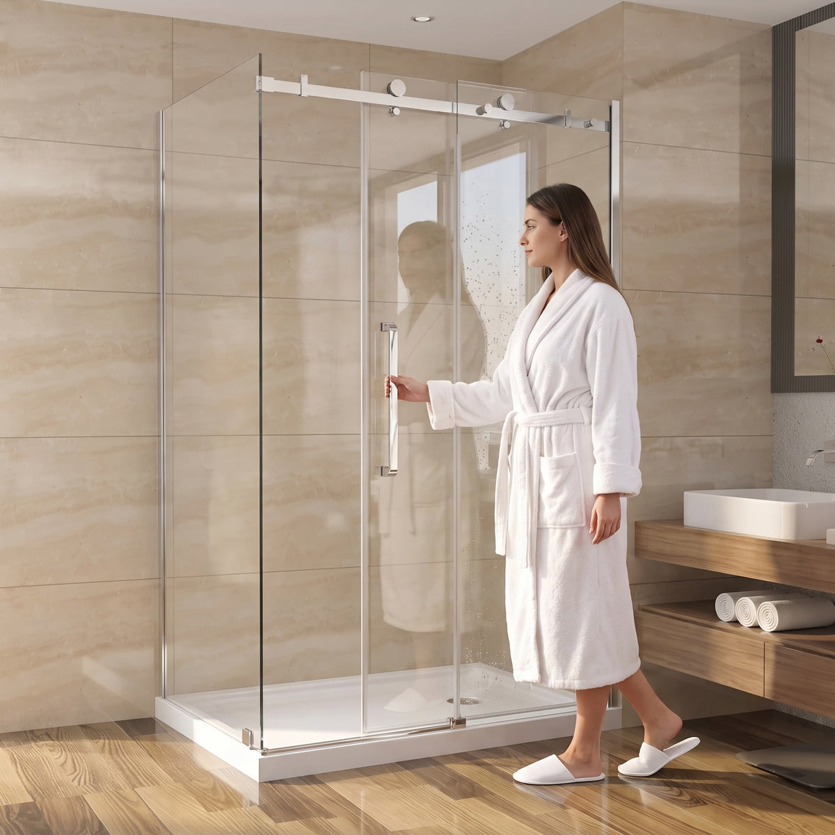 Porte de douche coulissante en coin réversible 48po x 36po x 75po en chrome avec quincaillerie carrée et verre trempé 10mm