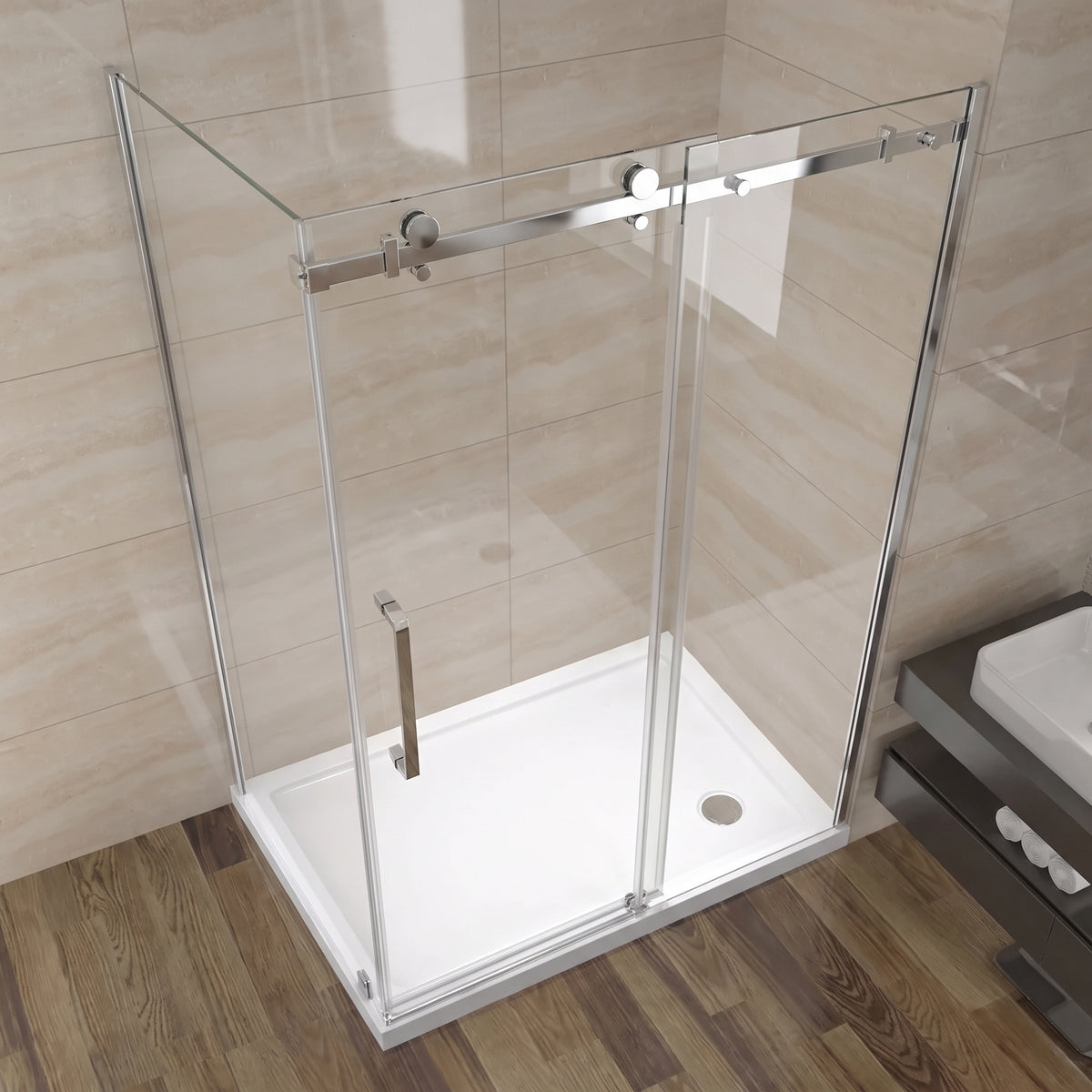 Porte de douche coulissante en coin réversible 48po x 36po x 75po en chrome avec quincaillerie carrée et verre trempé 10mm