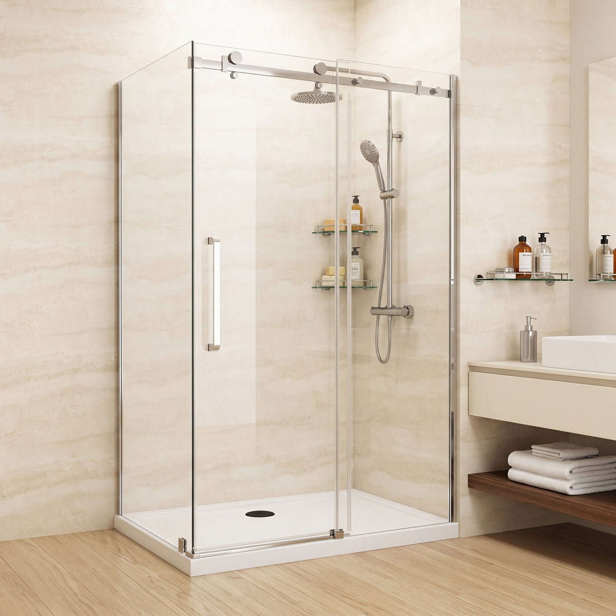 Porte de douche coulissante en coin réversible 48po x 36po x 75po en chrome avec quincaillerie carrée et verre trempé 10mm