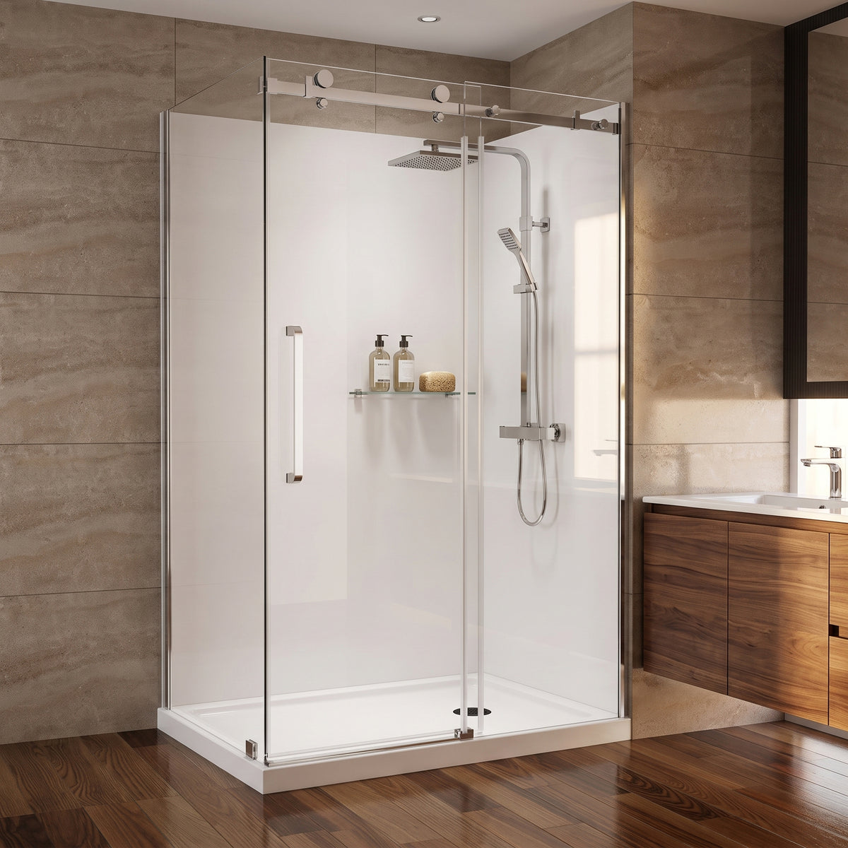 Porte de douche coulissante en coin réversible 48po x 36po x 75po en chrome avec quincaillerie carrée et verre trempé 10mm