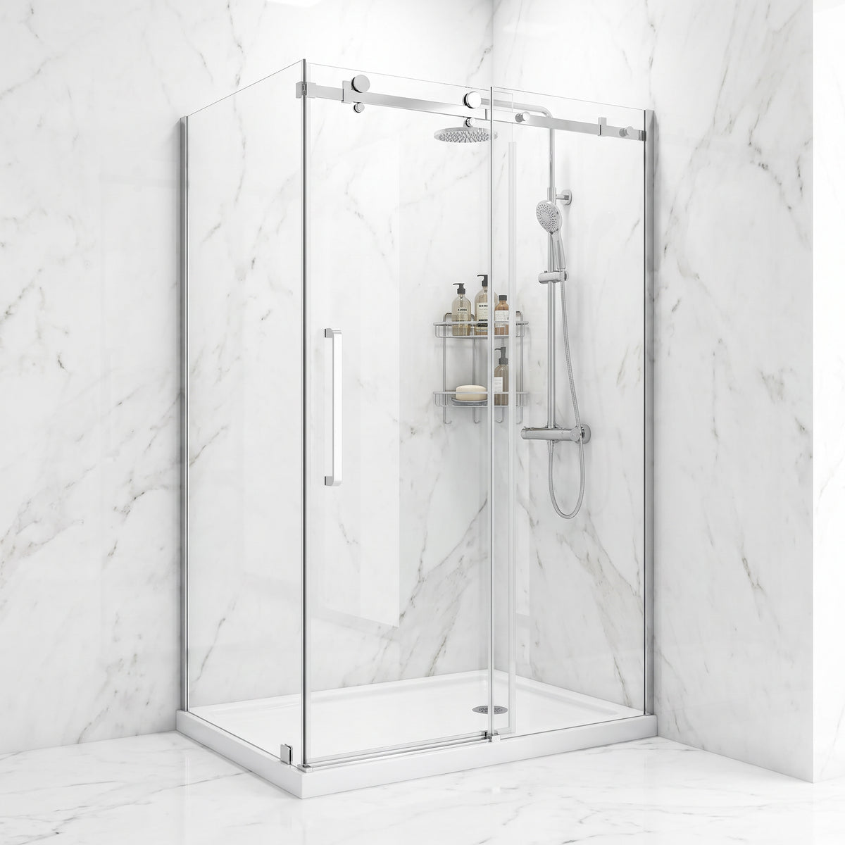 Porte de douche coulissante en coin réversible 48po x 36po x 75po en chrome avec quincaillerie carrée et verre trempé 10mm