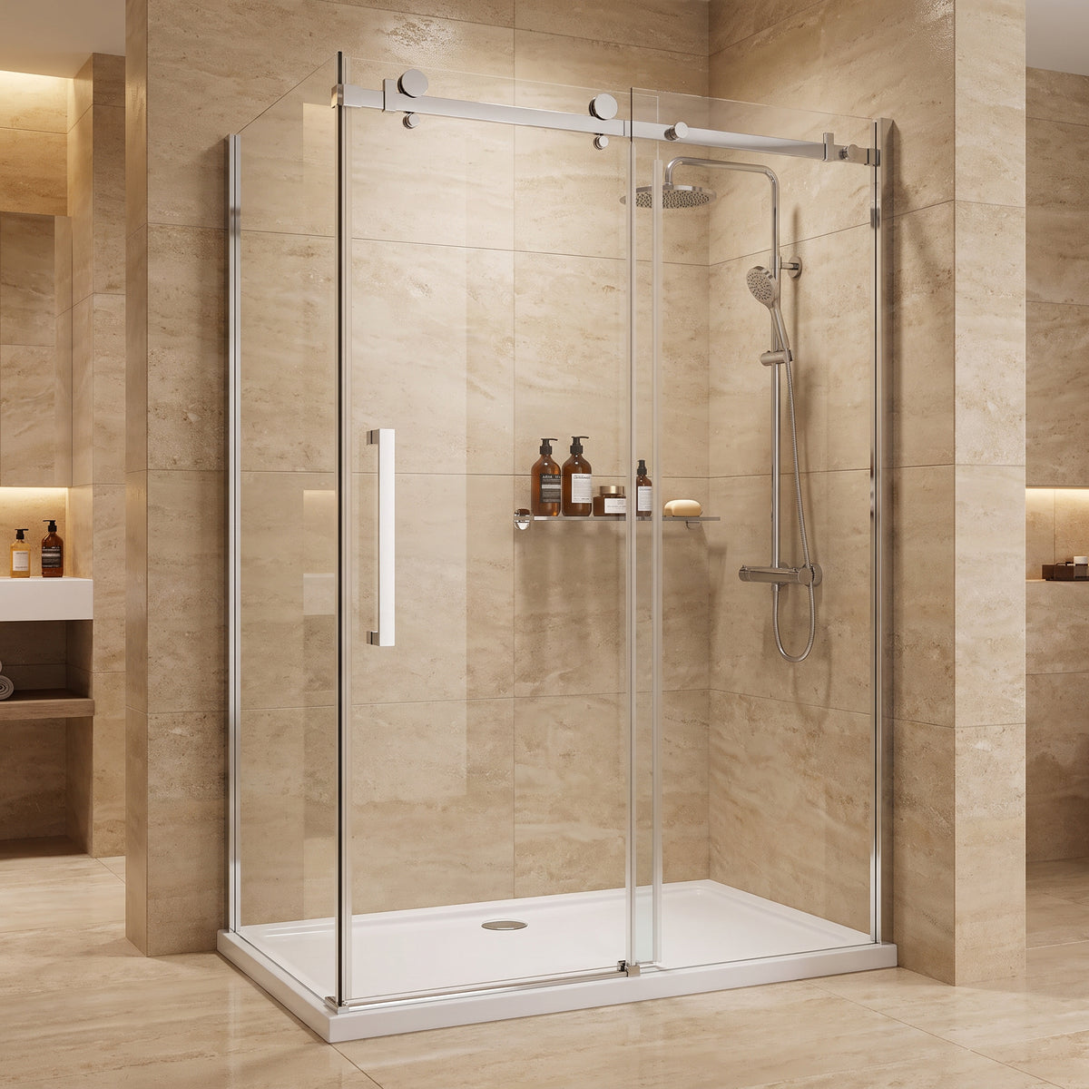 Porte de douche coulissante en coin réversible 48po x 36po x 75po en chrome avec quincaillerie carrée et verre trempé 10mm