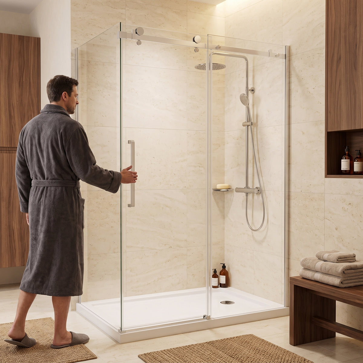 Porte de douche coulissante en coin réversible 48po x 36po x 75po en chrome avec quincaillerie carrée et verre trempé 10mm