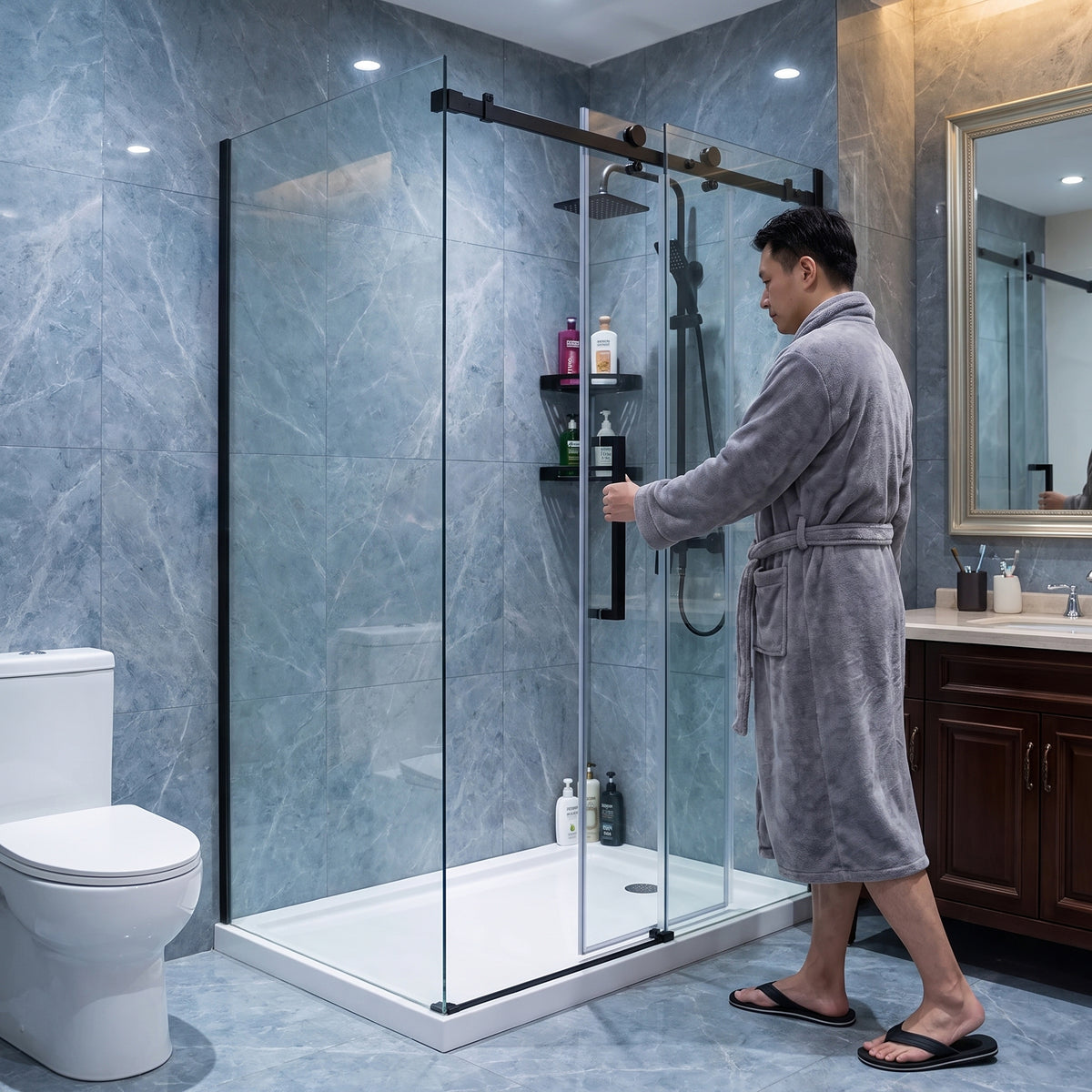 48" x 36" x 75" Reversible Corner Sliding Shower Door in Matte Black with Square Hardware