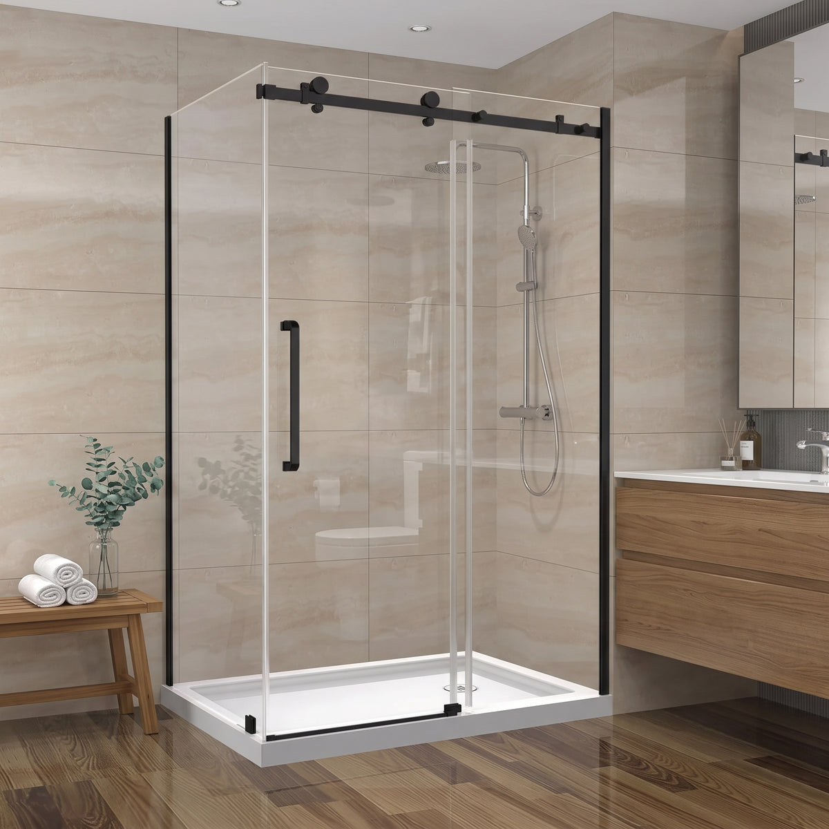 48" x 36" x 75" Reversible Corner Sliding Shower Door in Matte Black with Square Hardware