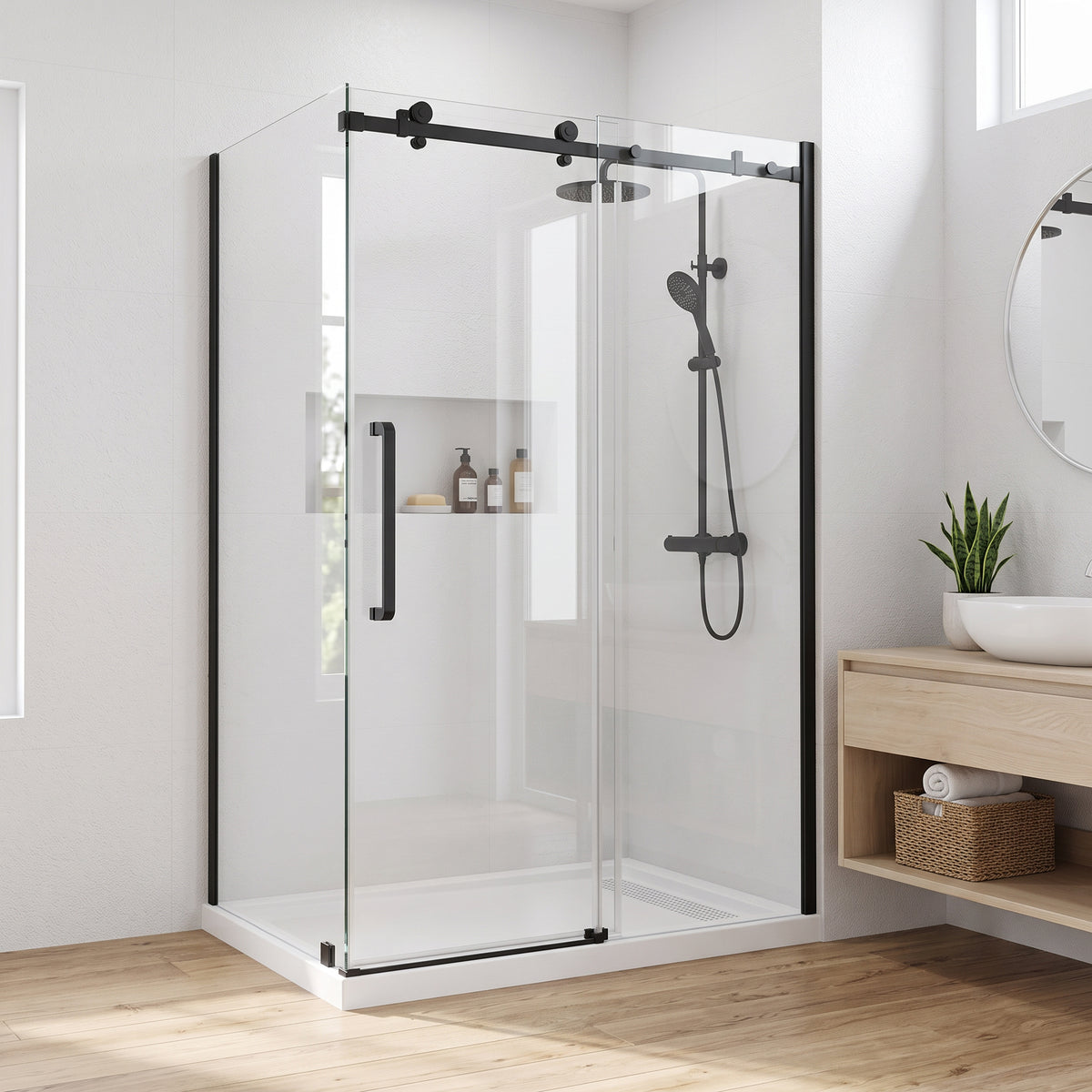 48" x 36" x 75" Reversible Corner Sliding Shower Door in Matte Black with Square Hardware