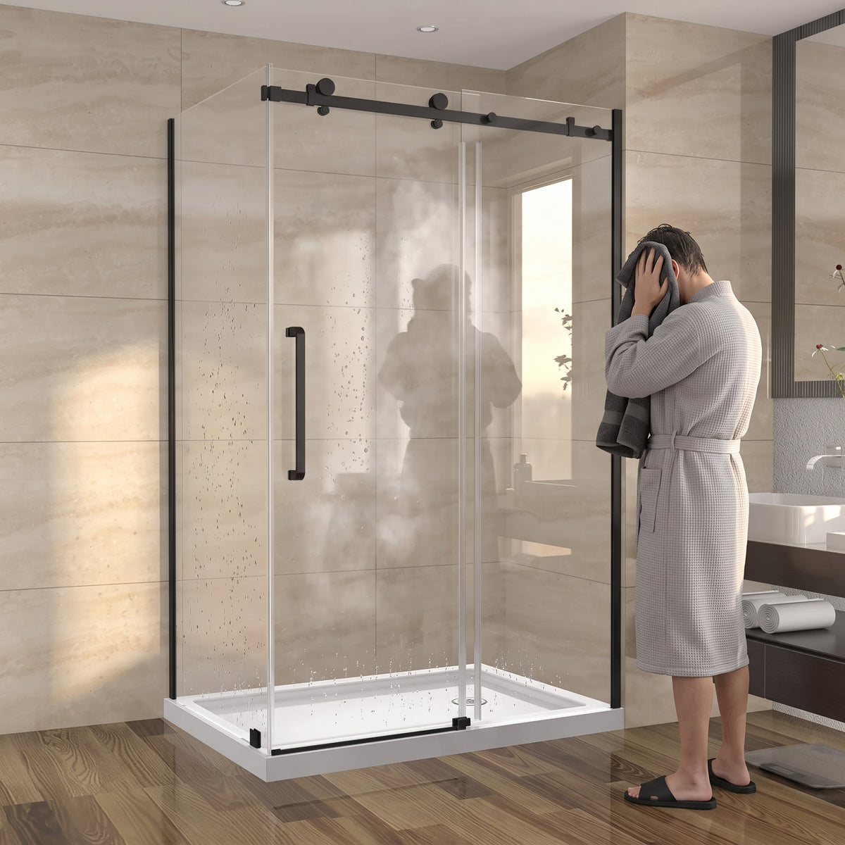 48" x 36" x 75" Reversible Corner Sliding Shower Door in Matte Black with Square Hardware