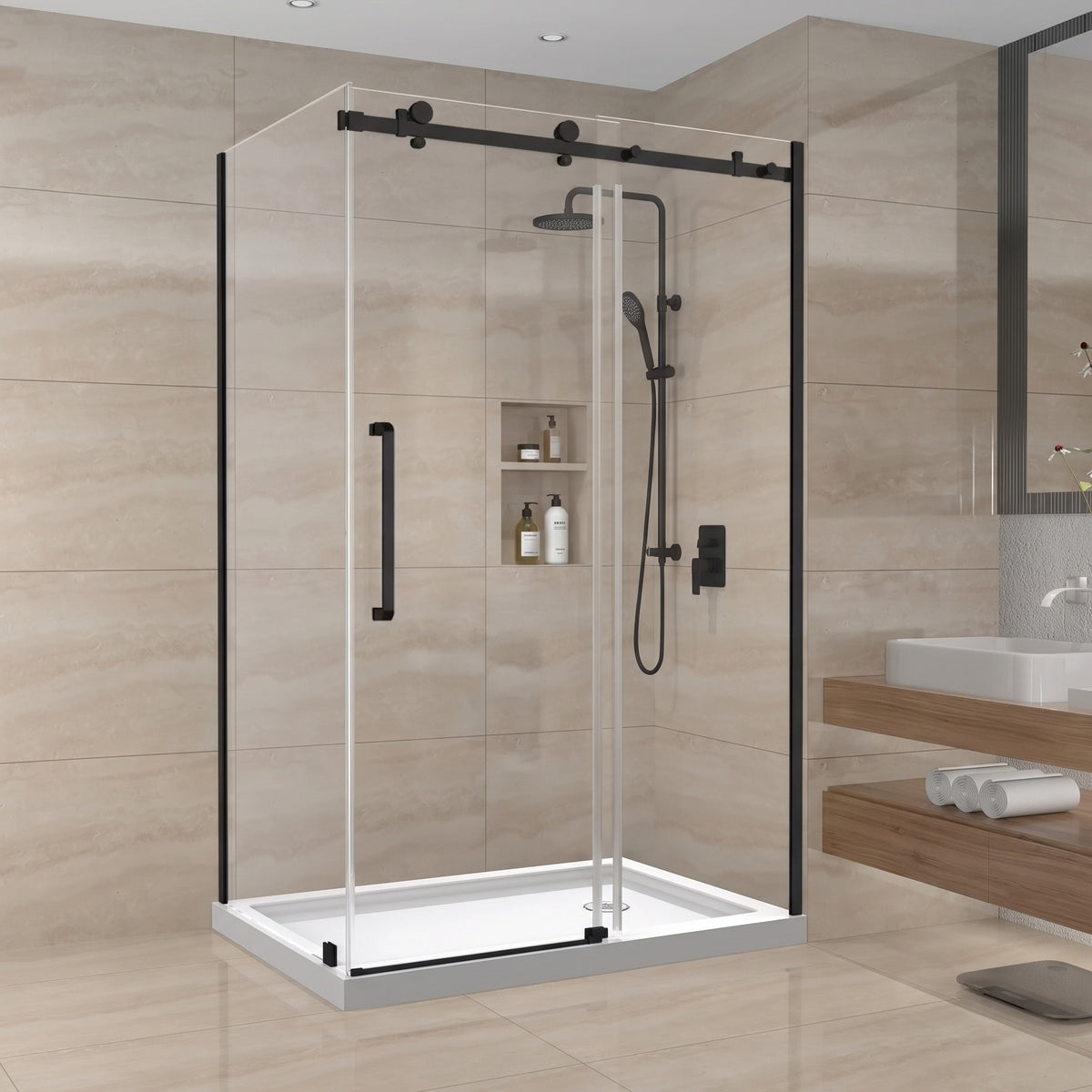 48" x 36" x 75" Reversible Corner Sliding Shower Door in Matte Black with Square Hardware
