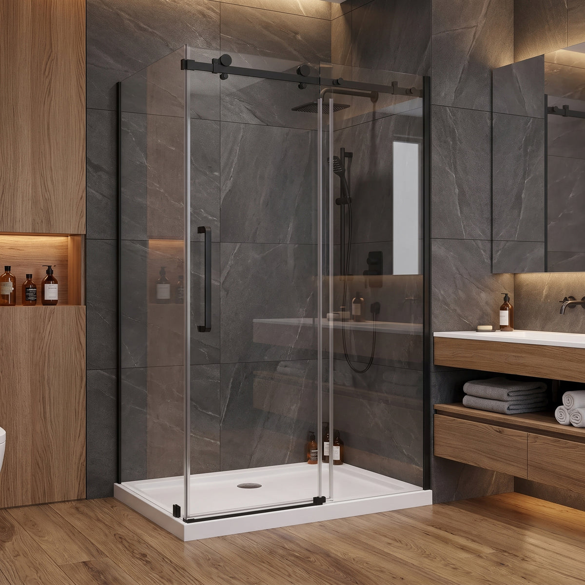 48" x 36" x 75" Reversible Corner Sliding Shower Door in Matte Black with Square Hardware