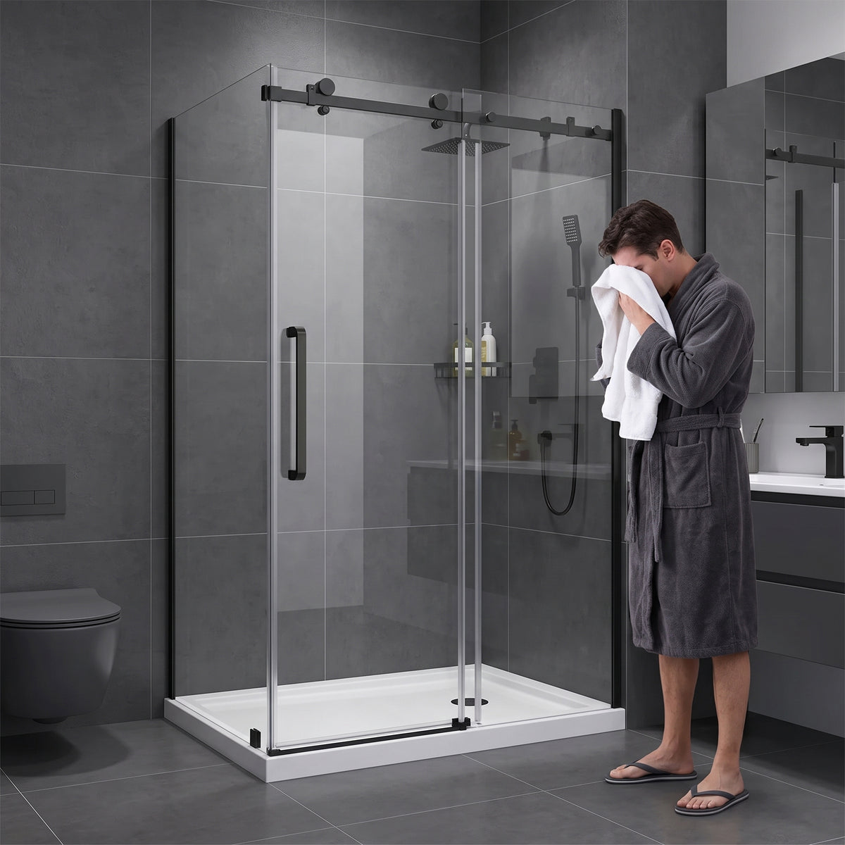 48" x 36" x 75" Reversible Corner Sliding Shower Door in Matte Black with Square Hardware