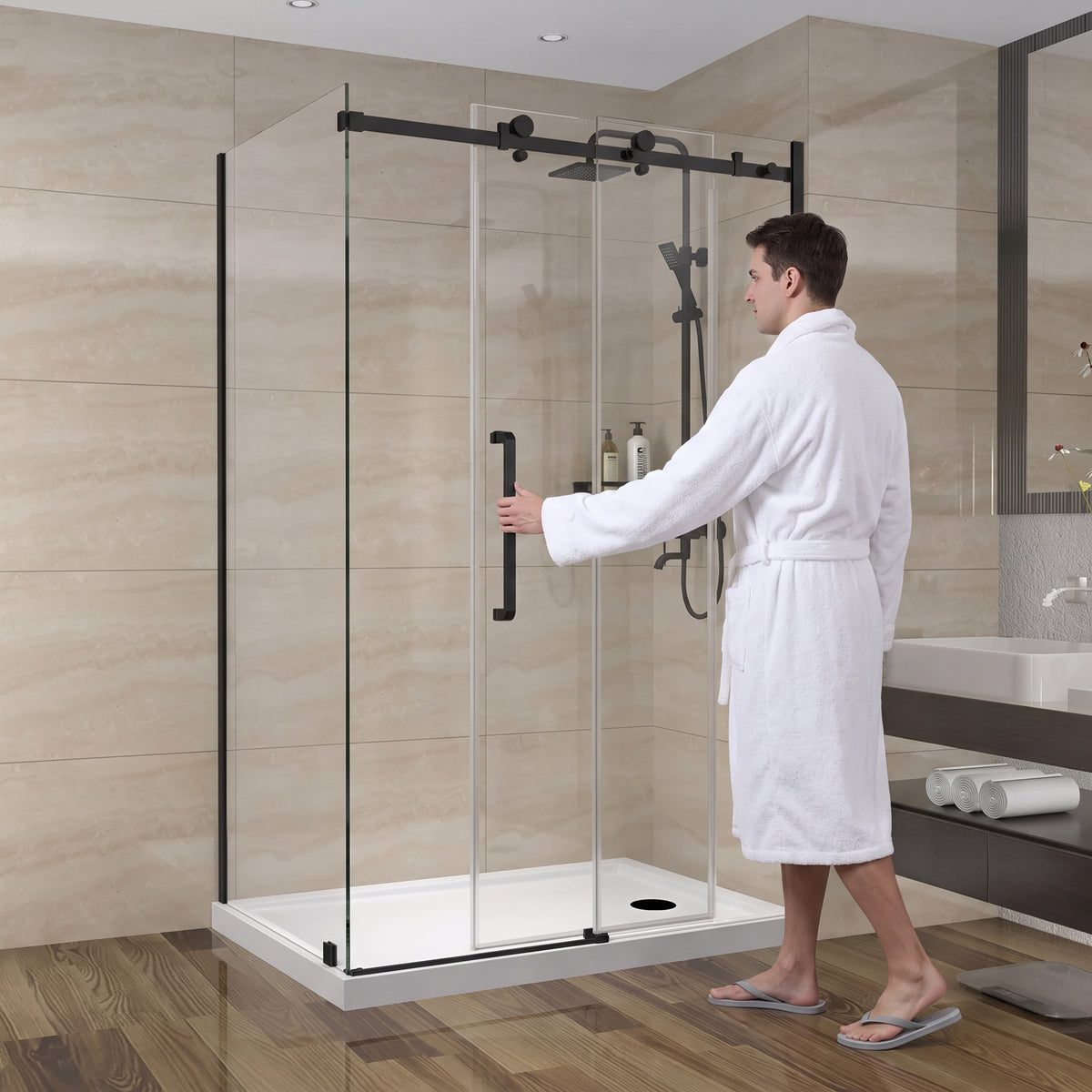 48" x 36" x 75" Reversible Corner Sliding Shower Door in Matte Black with Square Hardware