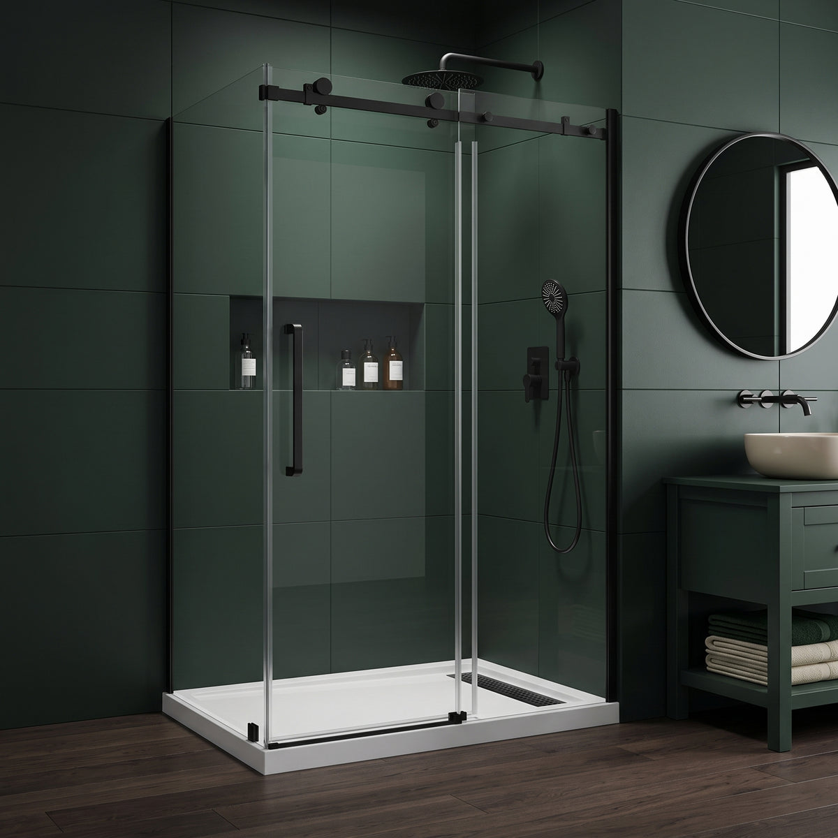 48" x 36" x 75" Reversible Corner Sliding Shower Door in Matte Black with Square Hardware