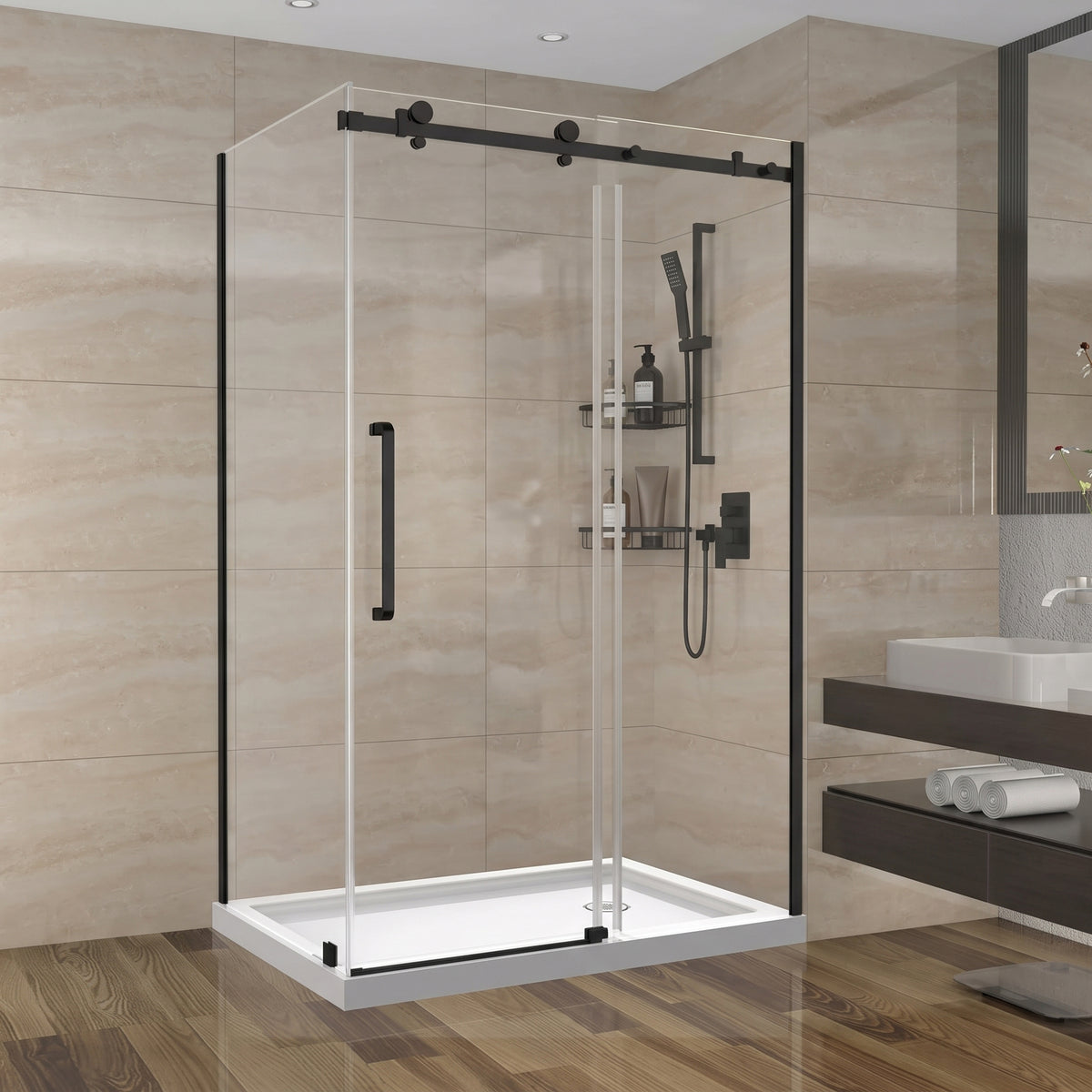 48" x 36" x 75" Reversible Corner Sliding Shower Door in Matte Black with Square Hardware