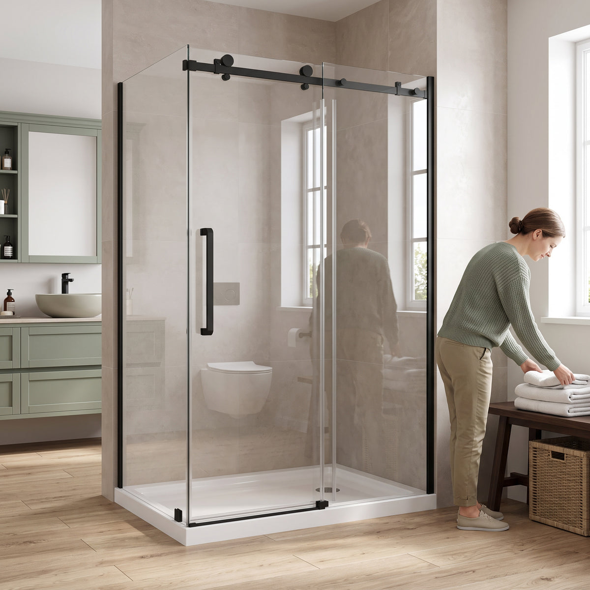 48" x 36" x 75" Reversible Corner Sliding Shower Door in Matte Black with Square Hardware