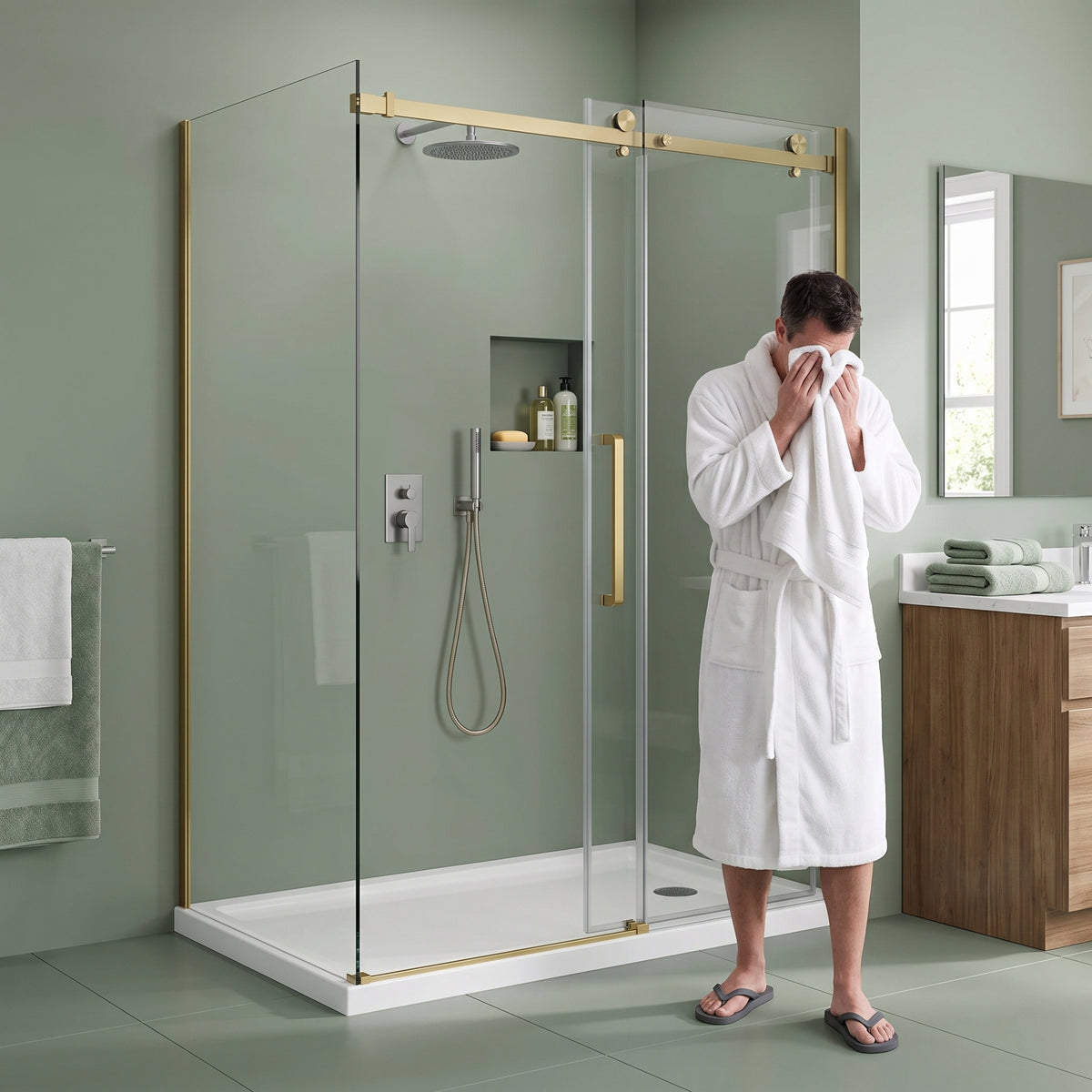 Porte de douche coulissante en coin réversible 48po x 36po x 75po en or brossé avec verre trempé 10mm