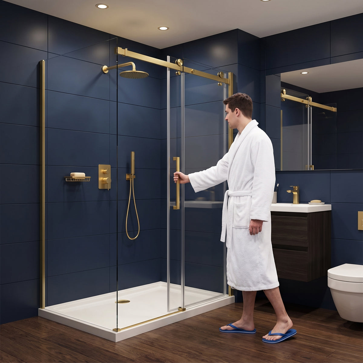 Porte de douche coulissante en coin réversible 48po x 36po x 75po en or brossé avec verre trempé 10mm