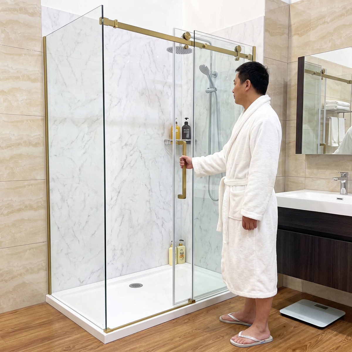 Porte de douche coulissante en coin réversible 48po x 36po x 75po en or brossé avec verre trempé 10mm