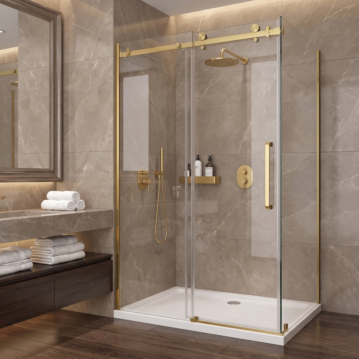Porte de douche coulissante en coin réversible 48po x 36po x 75po en or brossé avec verre trempé 10mm