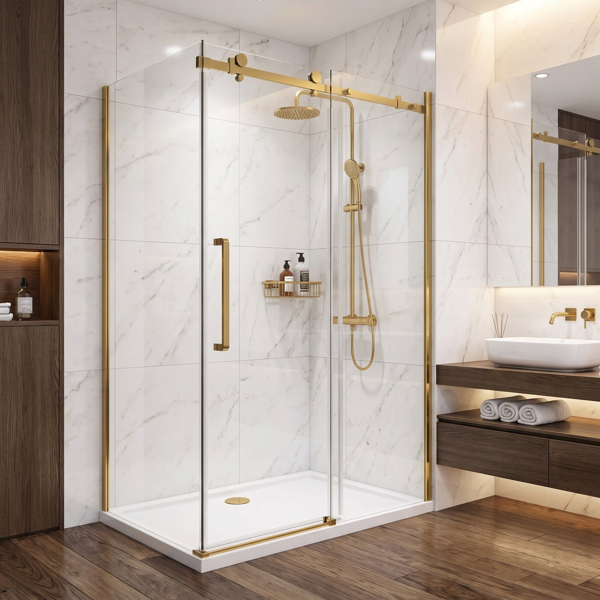 Porte de douche coulissante en coin réversible 48po x 36po x 75po en or brossé avec verre trempé 10mm
