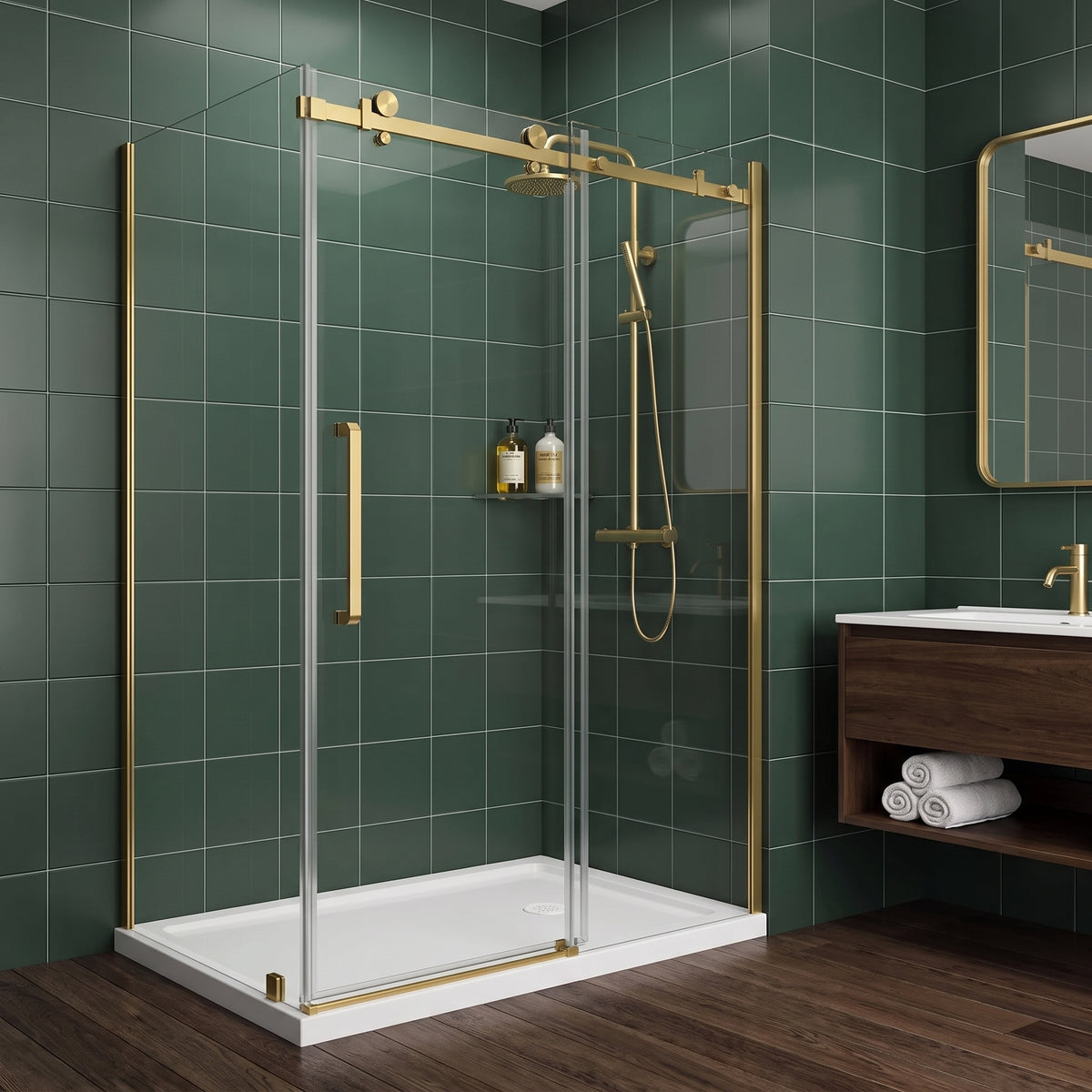 Porte de douche coulissante en coin réversible 48po x 36po x 75po en or brossé avec verre trempé 10mm