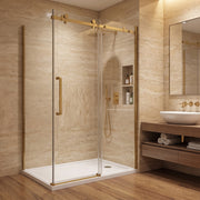 Porte de douche coulissante en coin réversible 48po x 36po x 75po en or brossé avec verre trempé 10mm