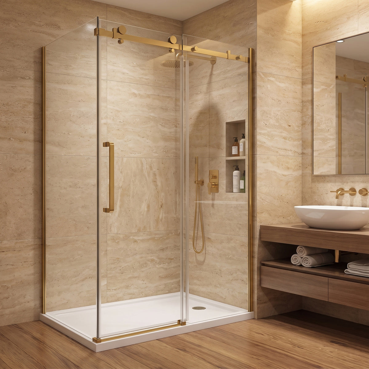 48" x 36" x 75" Reversible Corner Sliding Shower Door in Brushed Gold with 10mm Tempered Glass