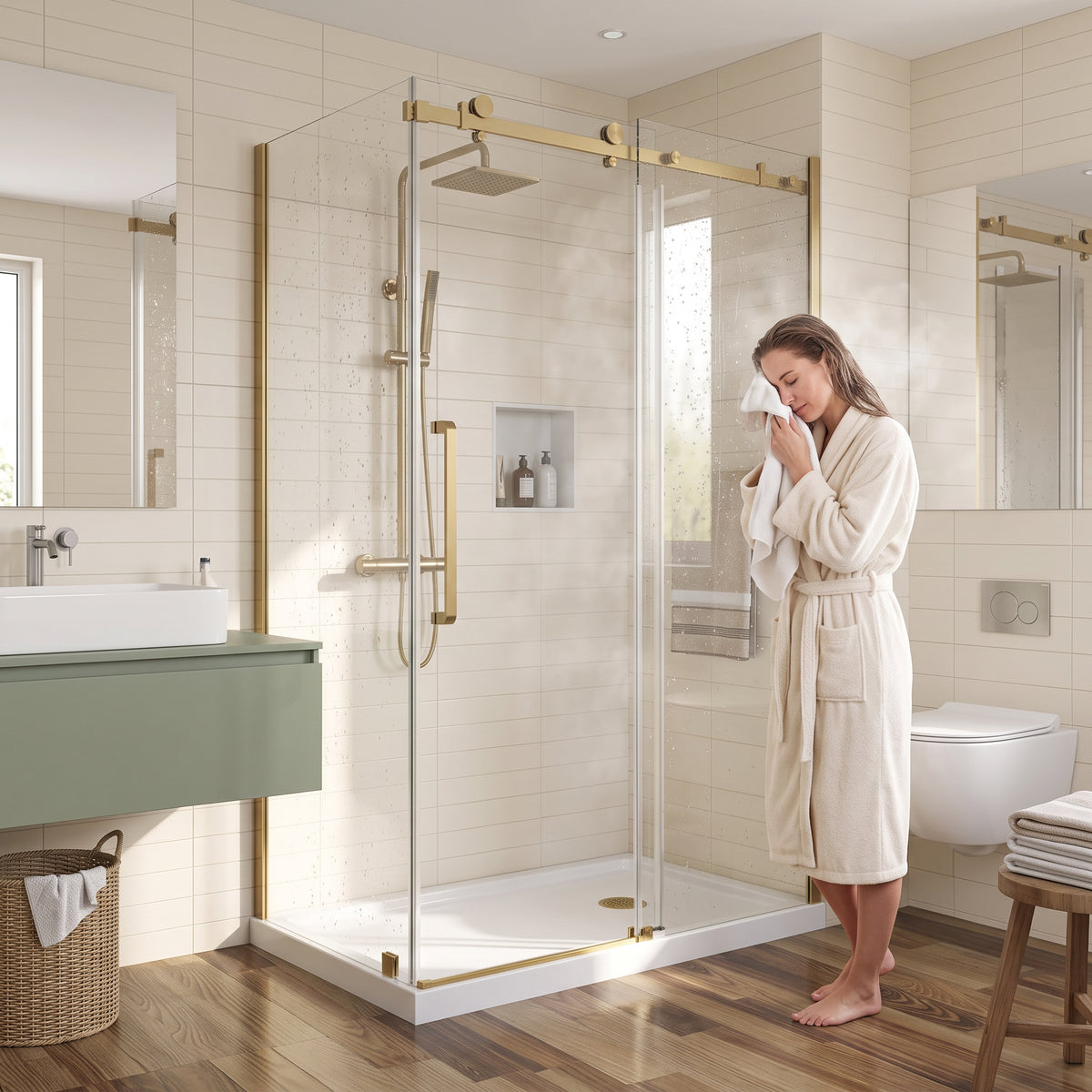 Porte de douche coulissante en coin réversible 48po x 32po x 75po en or brossé avec verre trempé 10mm