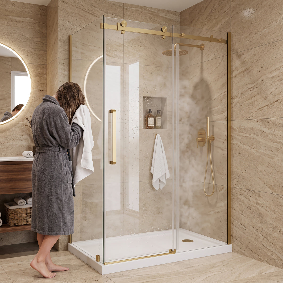 Porte de douche coulissante en coin réversible 48po x 32po x 75po en or brossé avec verre trempé 10mm