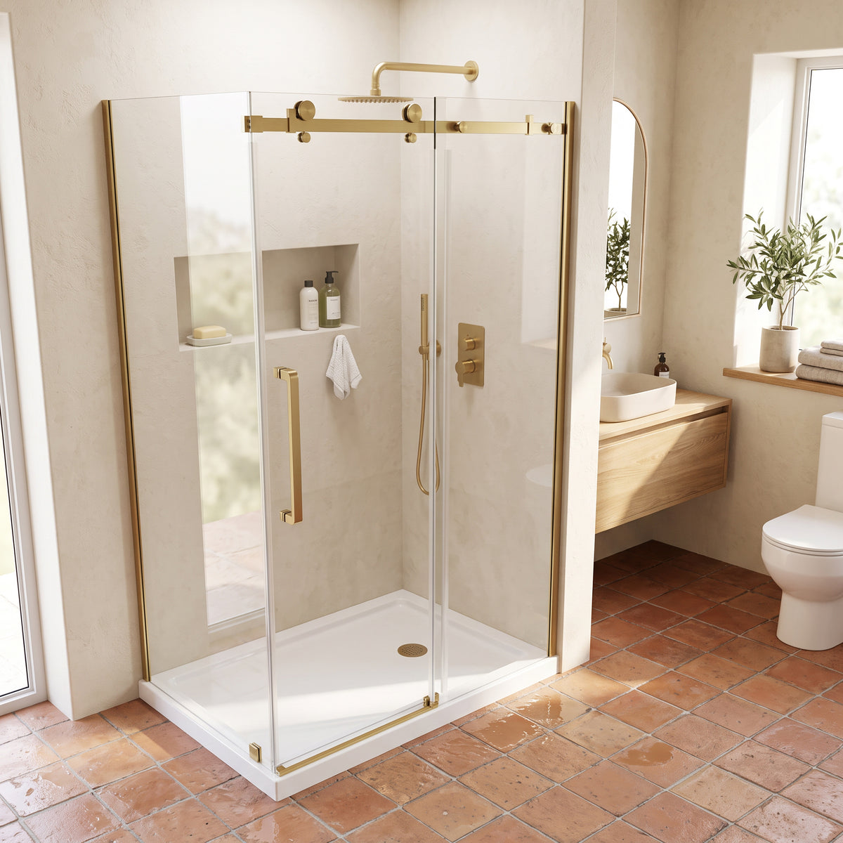 48" x 32" x 75" Reversible Corner Sliding Shower Door in Brushed Gold with 10mm Tempered Glass