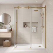 Porte de douche coulissante en coin réversible 48po x 32po x 75po en or brossé avec verre trempé 10mm