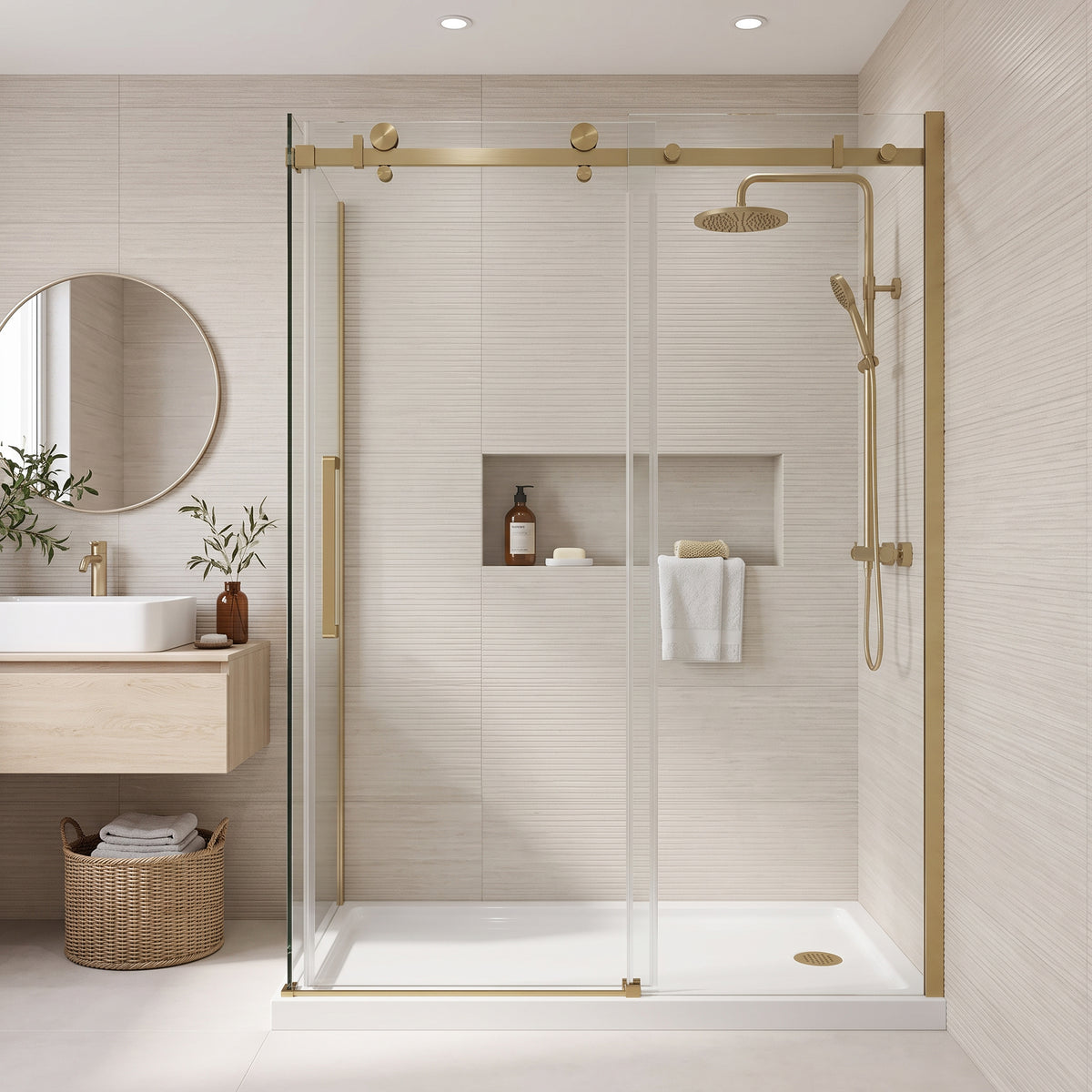 Porte de douche coulissante en coin réversible 48po x 32po x 75po en or brossé avec verre trempé 10mm