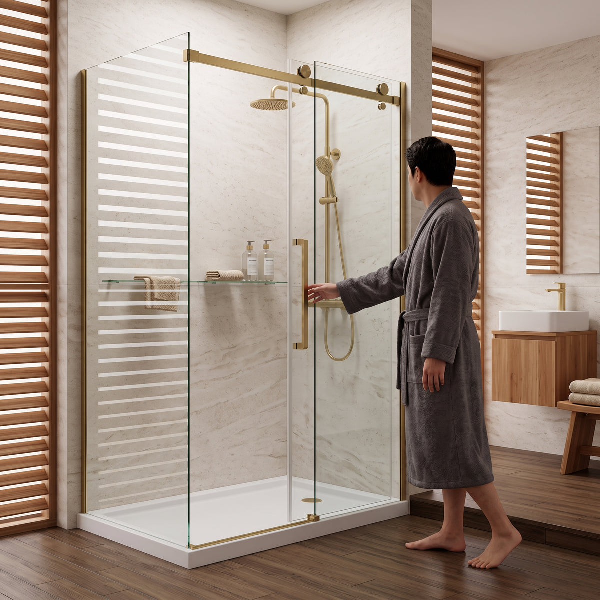 Porte de douche coulissante en coin réversible 48po x 32po x 75po en or brossé avec verre trempé 10mm