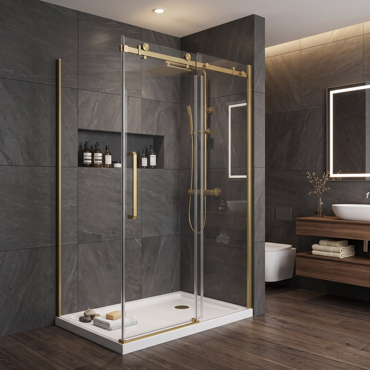 Porte de douche coulissante en coin réversible 48po x 32po x 75po en or brossé avec verre trempé 10mm