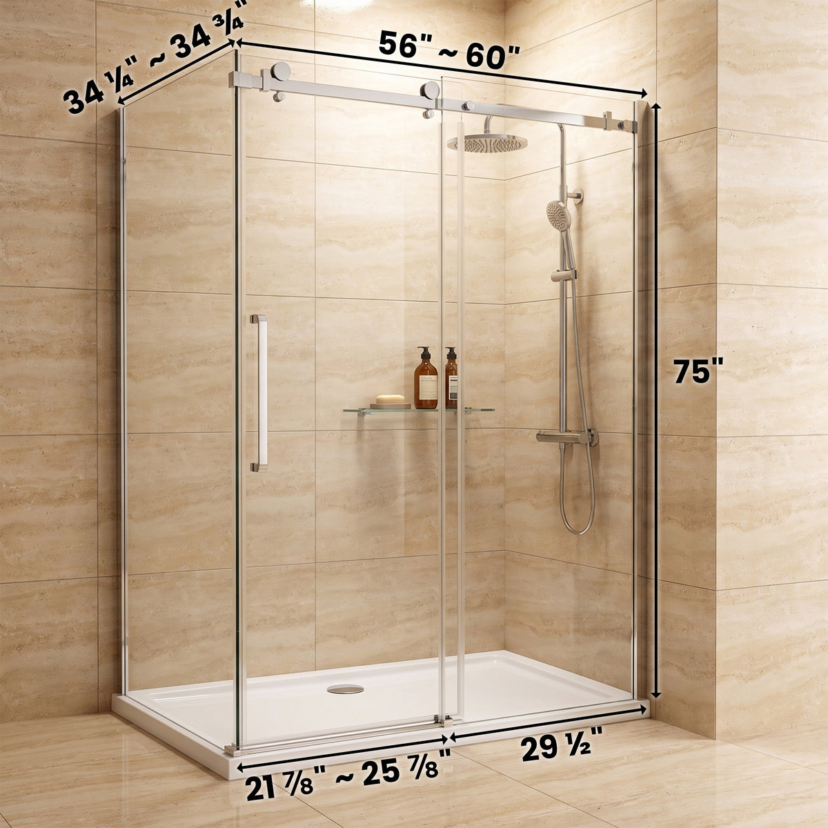 Porte de douche coulissante en coin réversible 60po x 36po x 75po en chrome avec quincaillerie carrée