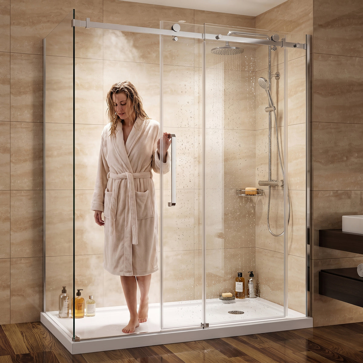 Porte de douche coulissante en coin réversible 60po x 36po x 75po en chrome avec quincaillerie carrée