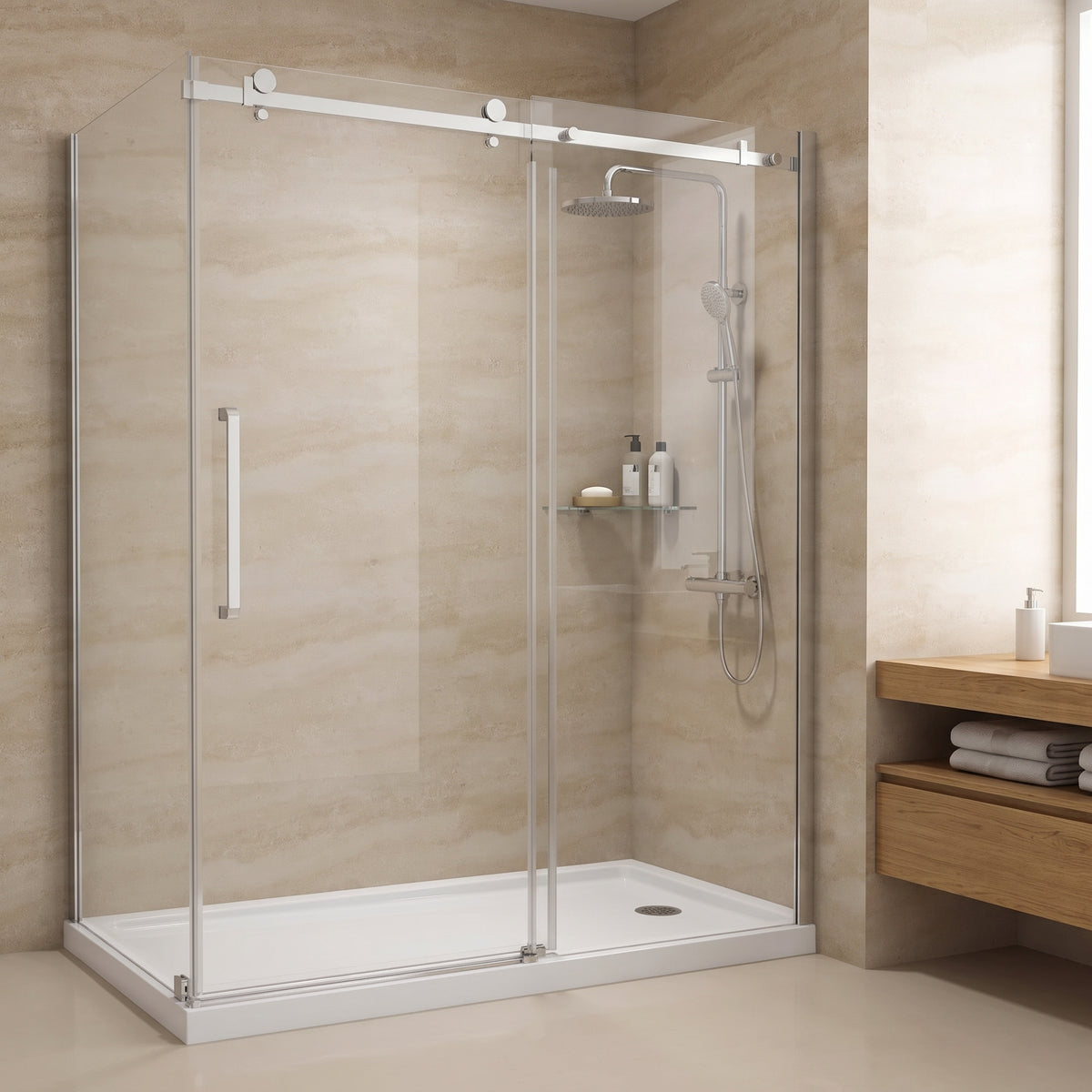 Porte de douche coulissante en coin réversible 60po x 36po x 75po en chrome avec quincaillerie carrée