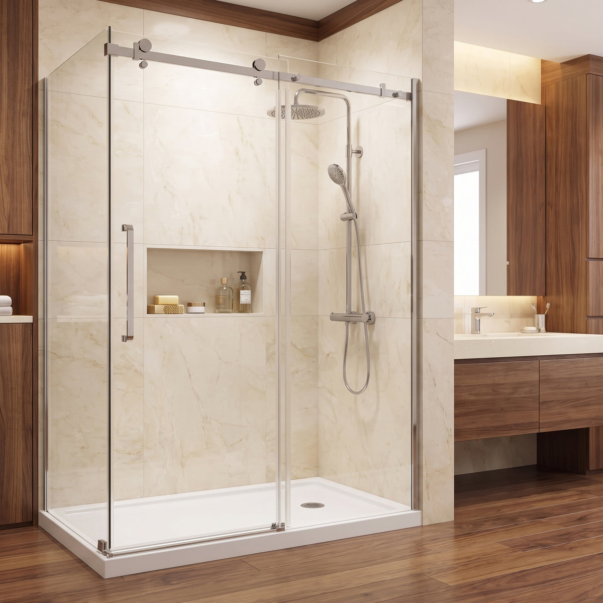 Porte de douche coulissante en coin réversible 60po x 36po x 75po en chrome avec quincaillerie carrée