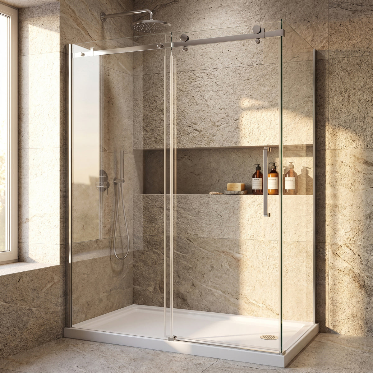 Porte de douche coulissante en coin réversible 60po x 36po x 75po en chrome avec quincaillerie carrée