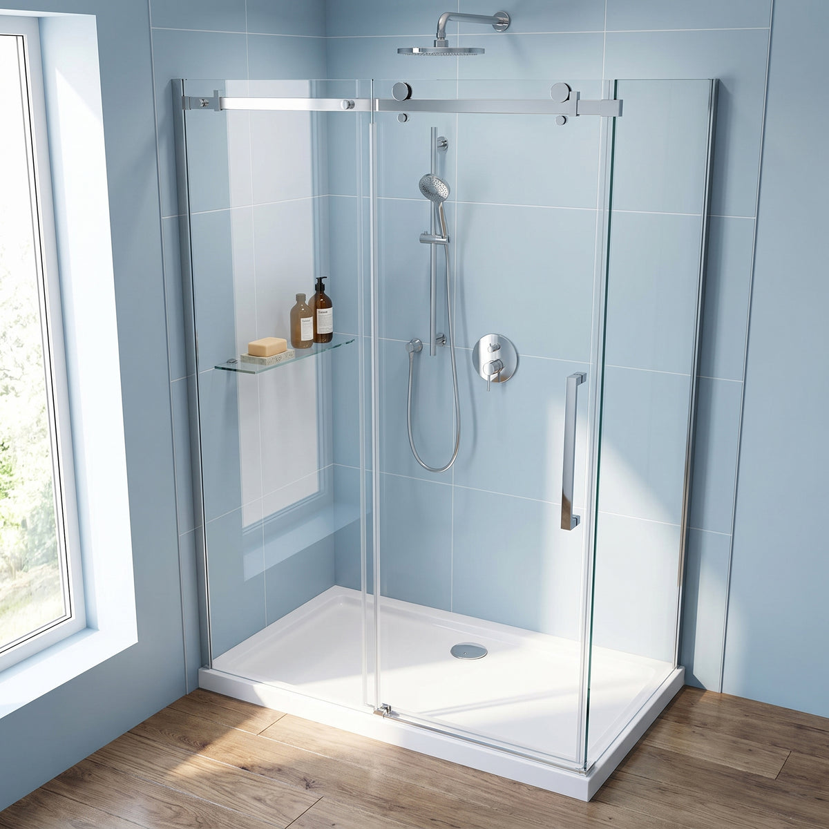 Porte de douche coulissante en coin réversible 60po x 36po x 75po en chrome avec quincaillerie carrée