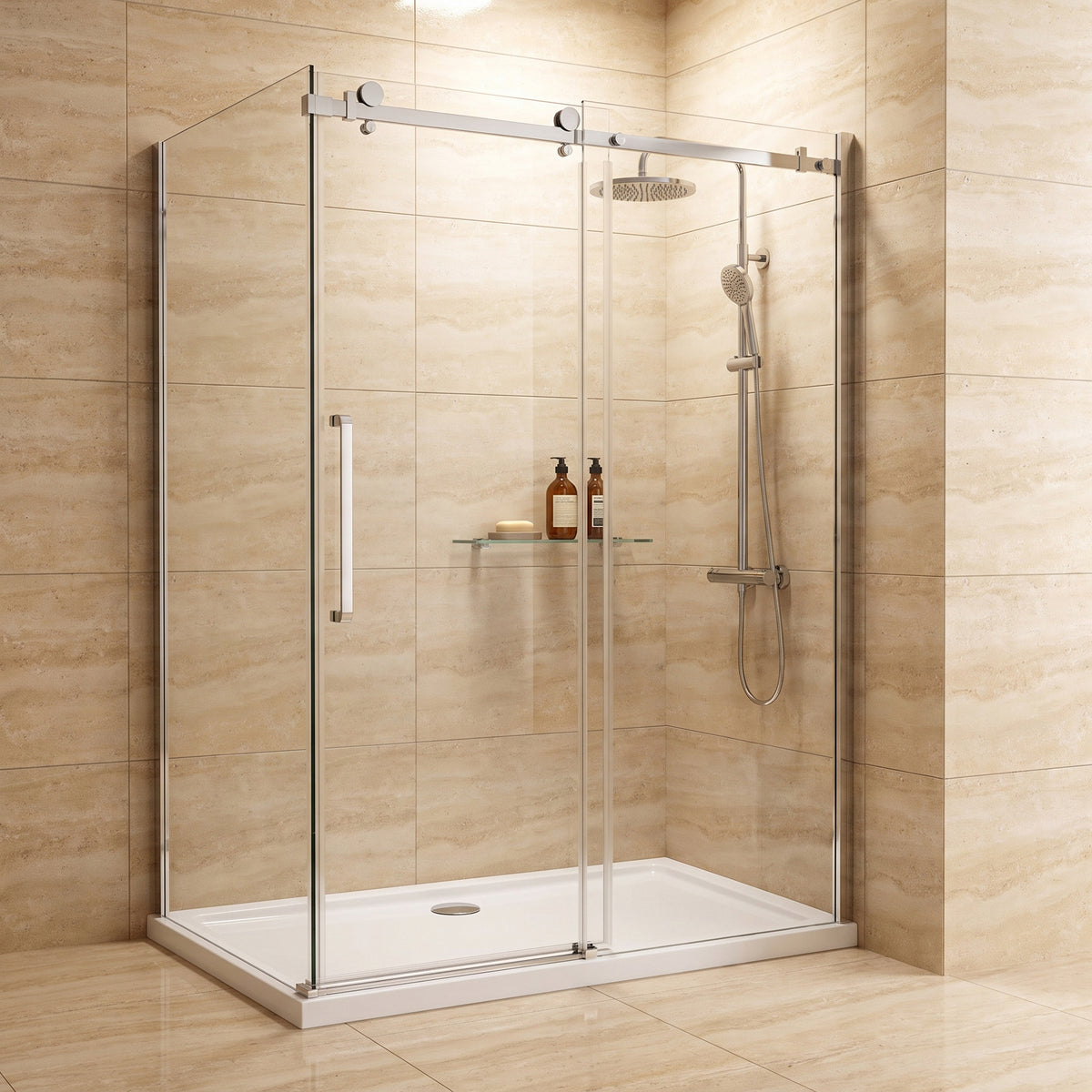 Porte de douche coulissante en coin réversible 60po x 36po x 75po en chrome avec quincaillerie carrée