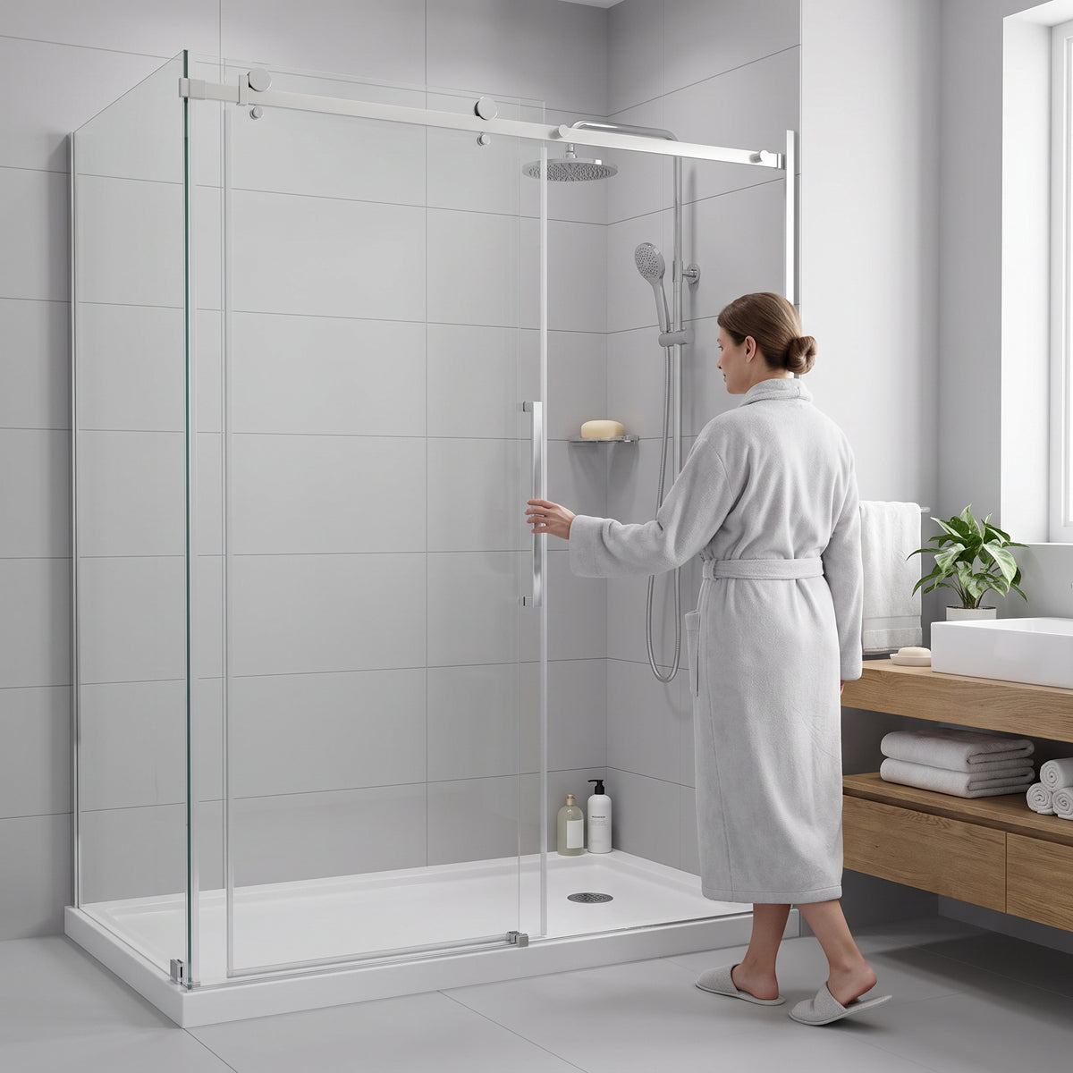 Porte de douche coulissante en coin réversible 60po x 36po x 75po en chrome avec quincaillerie carrée