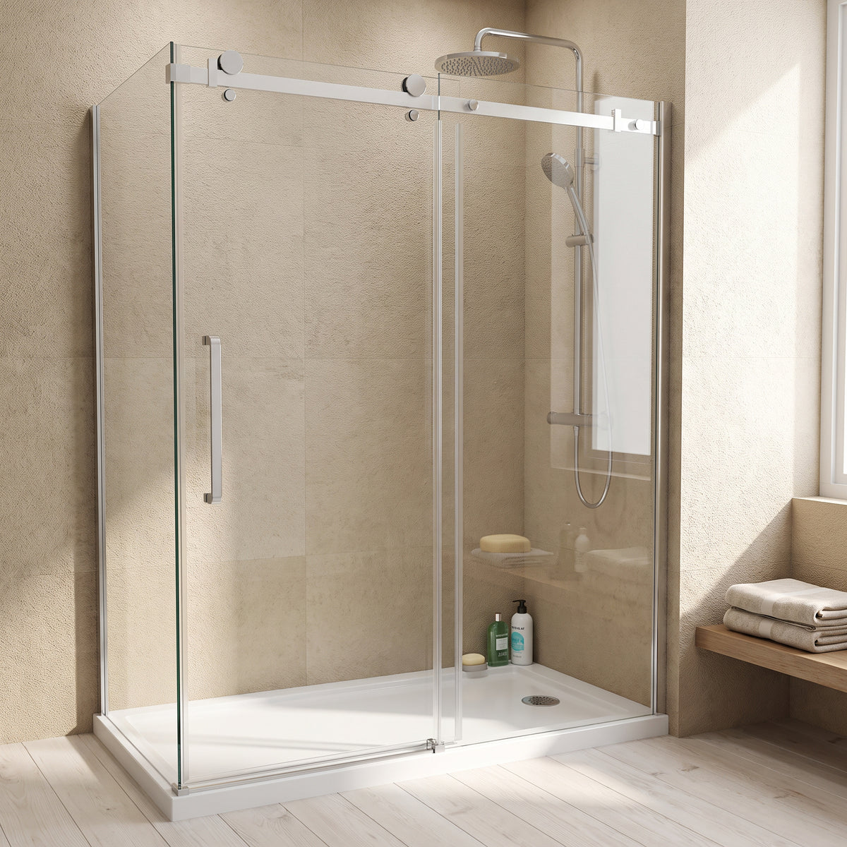 Porte de douche coulissante en coin réversible 60po x 36po x 75po en chrome avec quincaillerie carrée