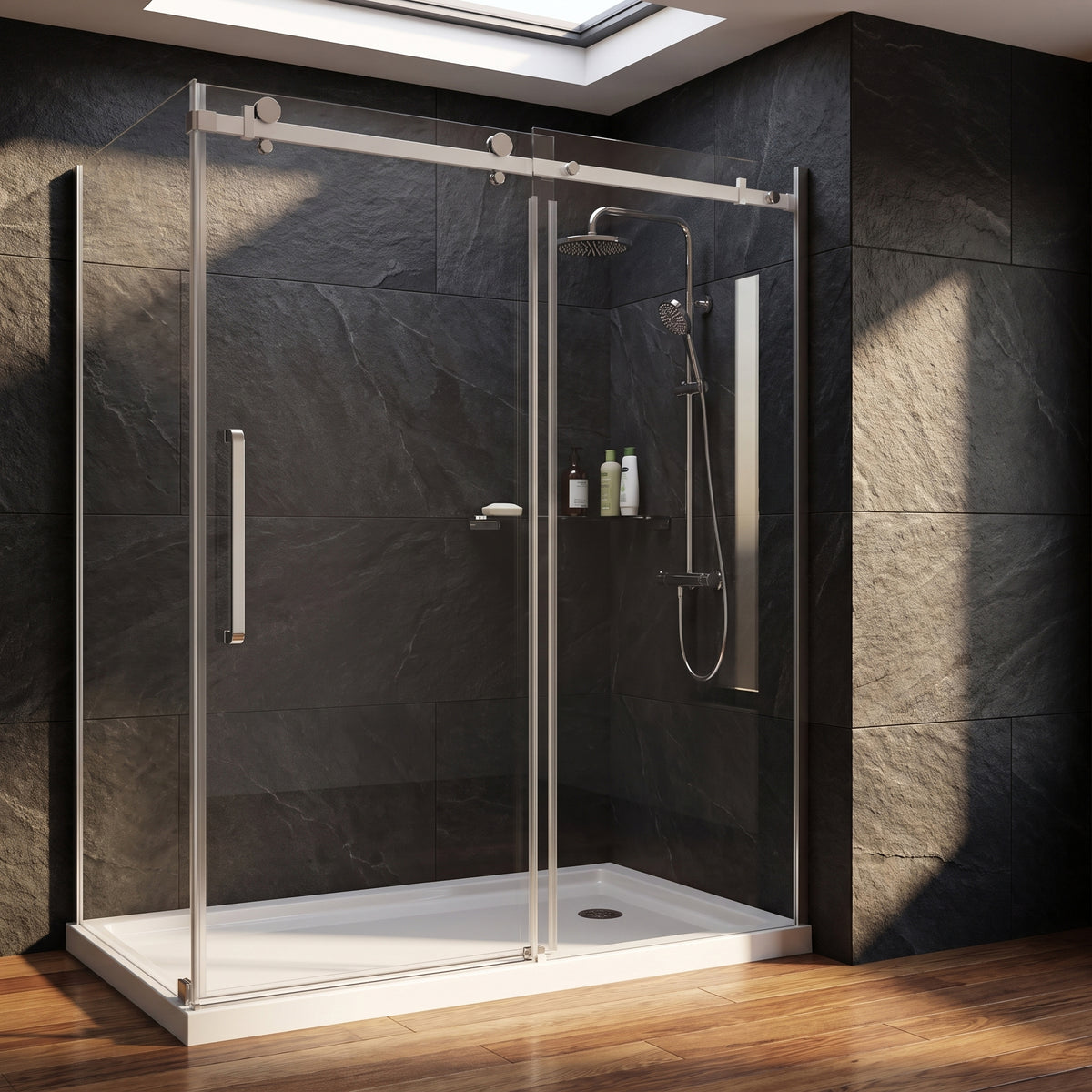 Porte de douche coulissante en coin réversible 60po x 36po x 75po en chrome avec quincaillerie carrée