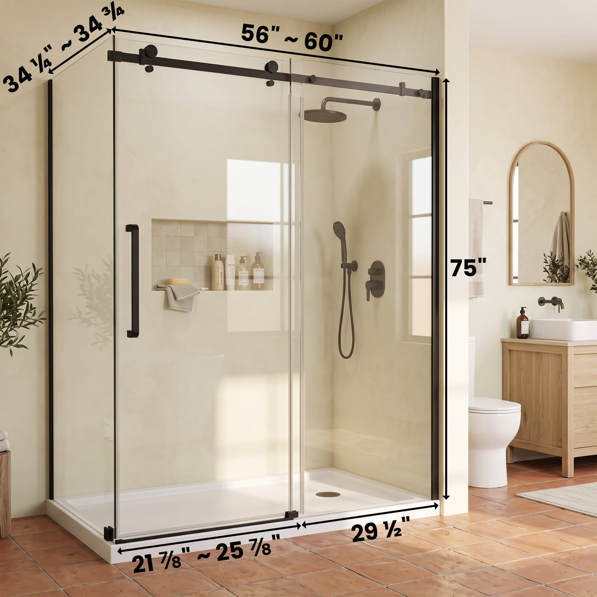 Porte de douche coulissante en coin réversible 60po x 36po x 75po en noir mat avec quincaillerie carrée