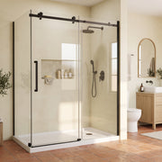 Porte de douche coulissante en coin réversible 60po x 36po x 75po en noir mat avec quincaillerie carrée
